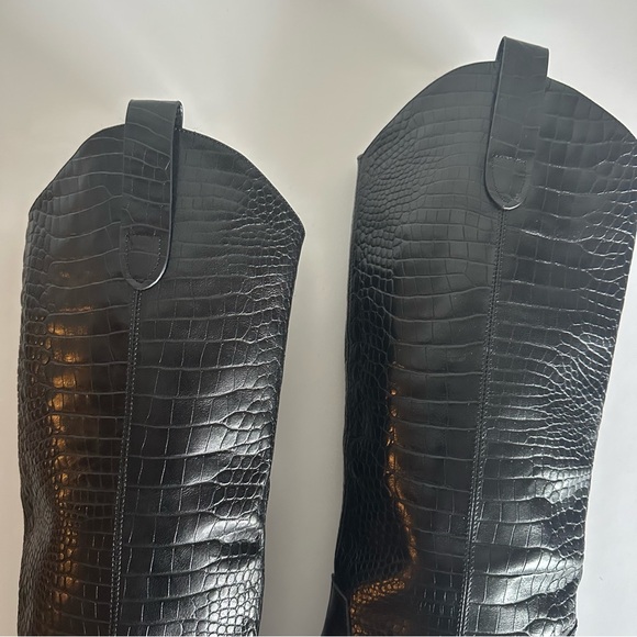 Black Leather Croc-Embossed Knee-High Boots Metal Toe Cap EU 39/ US 8.5-9 - Picture 11 of 16